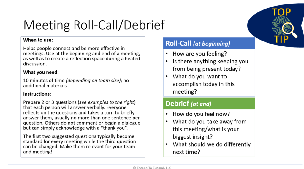 Team building resources include a Meeting Roll-call/Debrief