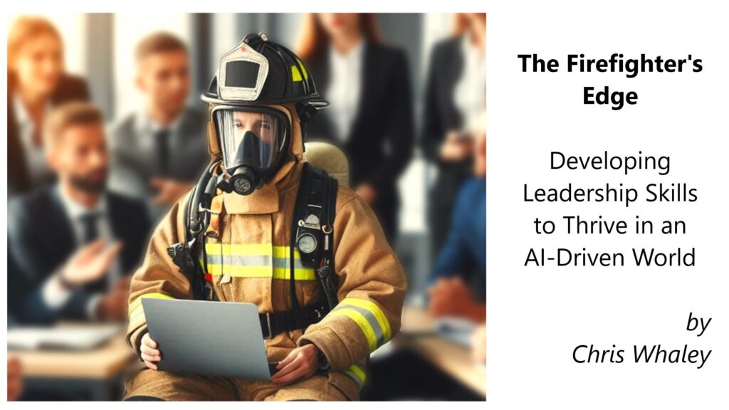 A firefighter sits in an office meeting. Firefighters develop leadership skills like decision-making that can be used in the business world.